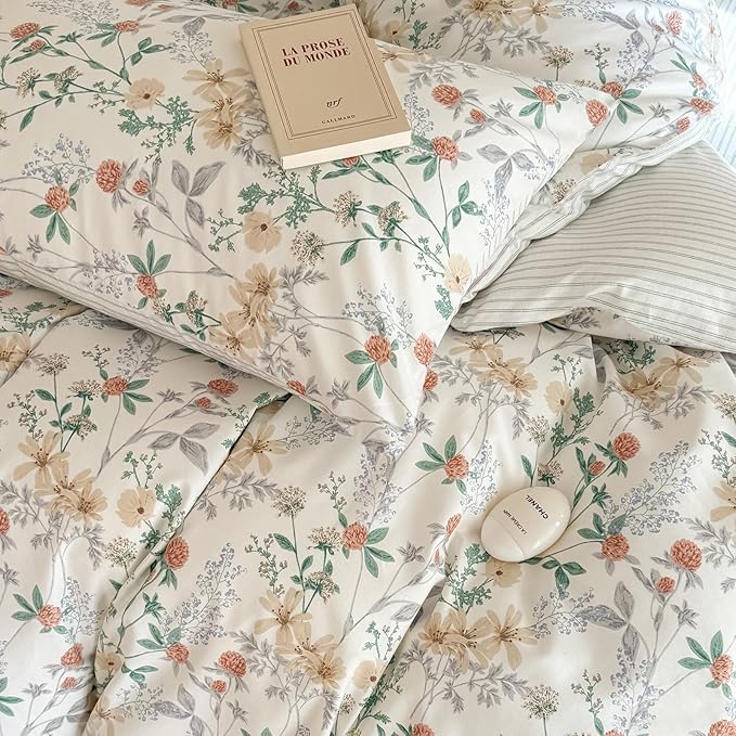 EAVD Girls Floral Duvet Cover Twin Soft 100% Cotton Garden Chic Floral Leaves Pattern Bedding Set with 2 Pillowcases Fresh Botanical Comforter Cover with Zipper Closure