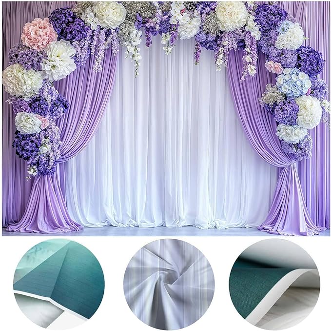6 x 4 ft Flower Photo Backdrop Floral Purple Photography Background White Curtain Spring Wedding Baby Shower Girl Princess Birthday Party Supplies Photo Studio Props