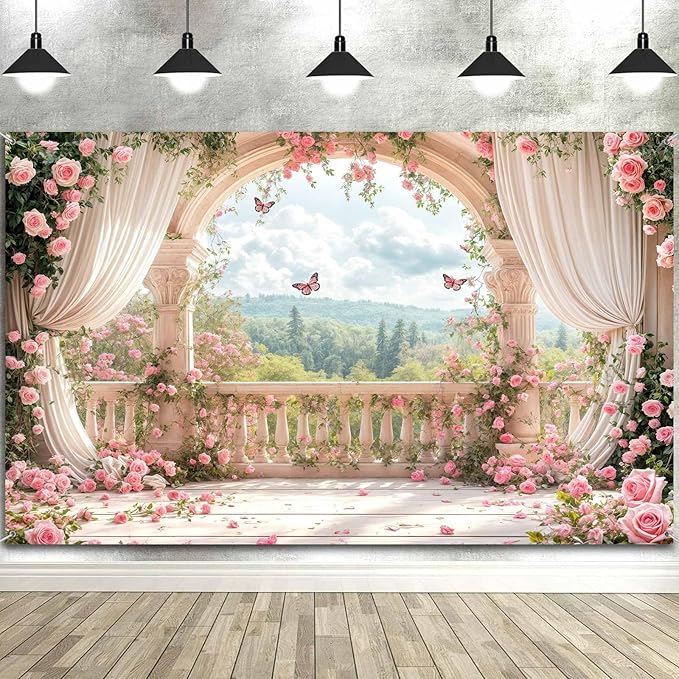 5X3ft Pink Floral Photography Backdrop, Retro Flowers Photography Backdrop Dreamlike Wedding Portrait Photo Background Wedding Birthday Party Background Banner Decor, Pink-1