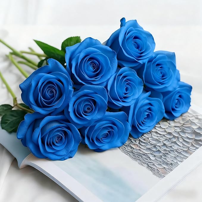 Blue Roses Artificial Flowers 15 PCS, Fake Roses Silk Flowers with Long Stems, Faux Rose for Wedding Centerpieces, Home Decor, Indoor Floral Arrangements, Party Decor, DIY Bouquet (Blue)