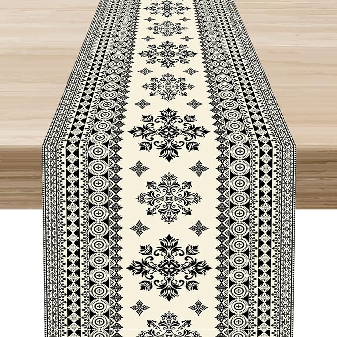 Black Paisley Table Runner, Vintage Damask Antique Floral Flower Retro Boho Swirled Print Table Center Decor for Family Kitchen Table Decorations Indoor Outdoor 13x36 inch
