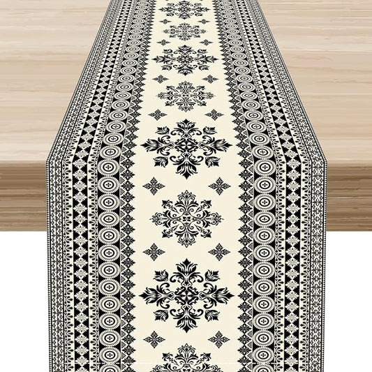 Black Paisley Table Runner, Vintage Damask Antique Floral Flower Retro Boho Swirled Print Table Center Decor for Family Kitchen Table Decorations Indoor Outdoor 13x72 inch