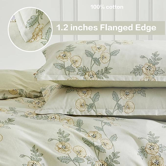 SAPHREAS Green Leaf Twin Duvet Cover Set 2pcs Tropical Botanical Yellow Flower Bedding Comforter Cover Set 100% Cotton 1 Duvet Cover 1 Pillow Sham, Comforter Not Included