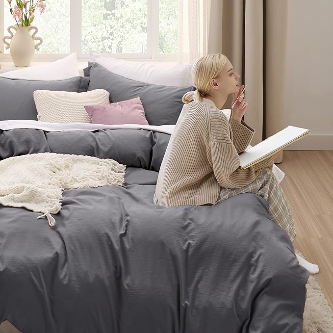 Bedsure Dark Grey Oversized King Duvet Cover - 3 Pieces Prewashed Cotton-Like Extra Soft Bedding Set, Includes 1 Duvet Cover 120x98 Inches with Zipper Closure & 2 Pillow Shams, Comforter Not Included