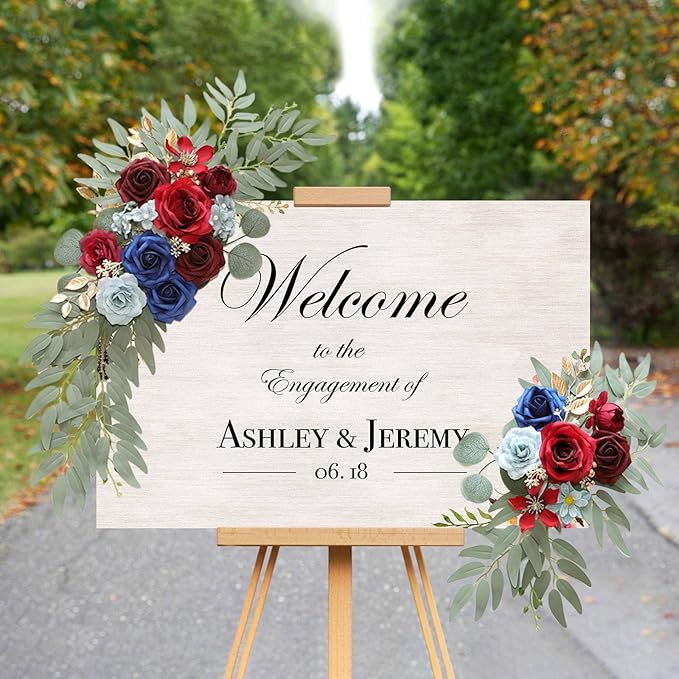 Burgundy Blue Wedding Arch Flowers, Faux Flower Swag Set of 2, Burgundy Floral Swag for Wedding Arch Welcome Signs, Reception Ceremony Signs Decor