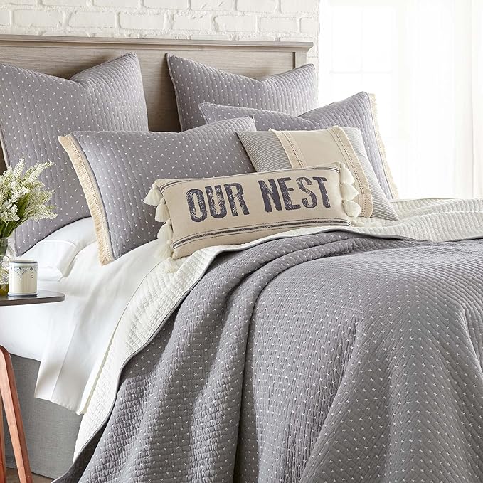 Levtex Home Cross Stitch Reversible Full/Queen Quilt Set (88x92in) and 2 Pillow Shams (26x20in) - Stitch Texture - Grey and White - Cotton Queen Size Quilt Bedding Set - Lightweight Soft Pre-Washed
