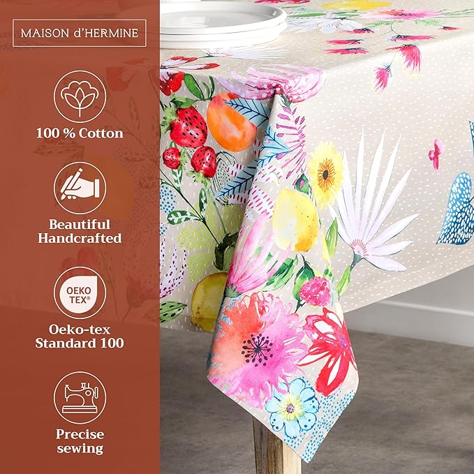 Maison d' Hermine Table Cloth Rectangle Table 100% Cotton 60 x 90 Inches Tablecloth Reusable Decorative for Dining Room, Farmhouse, Home, Party, Festive & Wedding Spring Summer - Jardin D'Ete - Fog