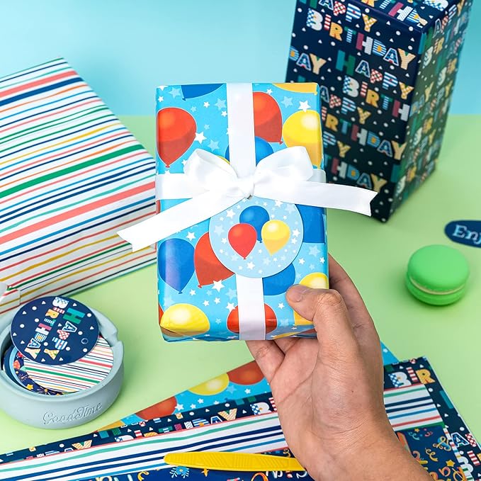 WRAPAHOLIC Birthday Wrapping Paper Sheet - 12 Sheets Folded Flat with 12 Gift Tags for Party, Baby Shower - 19.7 Inch X 27.5 Inch Per Sheet