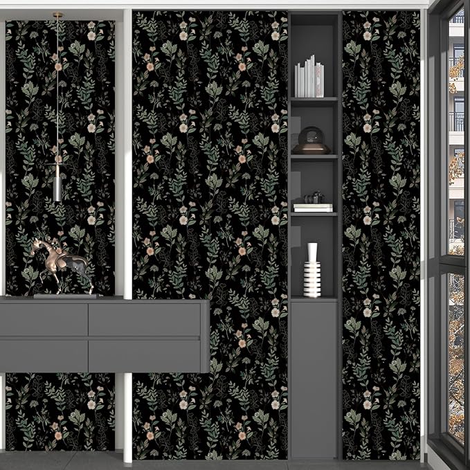 Black Green Floral Wallpaper 17.4" x 394", Dark Green Leaf Contact Paper Peel and Stick Wallpapers Waterproof Self-Adhesive Wall Covering for Bedroom Countertop Desk Cabinets Decor