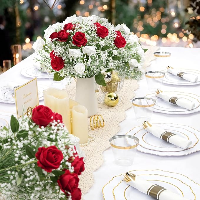 20Pcs Babys Breath Artificial Flowers Bulk, 12Pcs Fake White Roses Fake Flowers, DIY Wedding Flowers Bouquet, Realistic Faux Silk Flowers for Home Table Decor