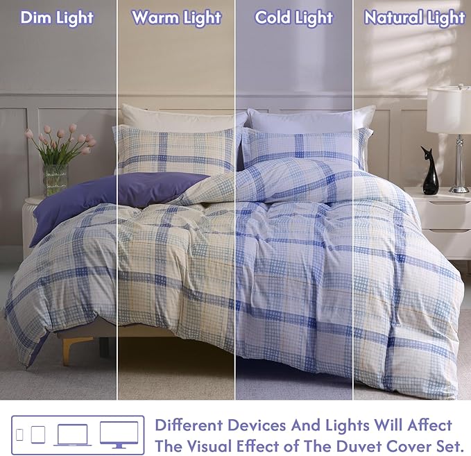 LONAVA King Plaid 3 Pcs Duvet Cover Set, Breathable Soft Microfiber Peri Lining Comforter Cover with Zipper Closure, and 2 Anti-Pilling, Fade Resistant Pillowcases, Blue Plaid
