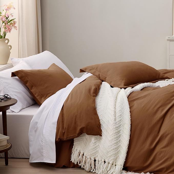 Bedsure Brown Duvet Cover Twin/Twin XL Size - 2 Pieces Prewashed Cotton-Like Extra Soft Bedding Set, Includes 1 Twin Duvet Cover 68x90 Inches with Zipper Closure & 1 Pillow Sham, No Comforter