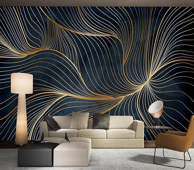 Eierme-Golden Abstract line Pattern Waves Mural Wallpaper Peel and Stick 160" x 114"