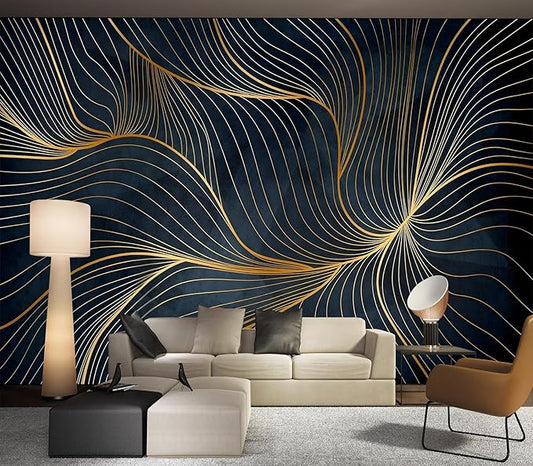 Eierme-Golden Abstract line Pattern Waves Mural Wallpaper Peel and Stick 90" x 67"