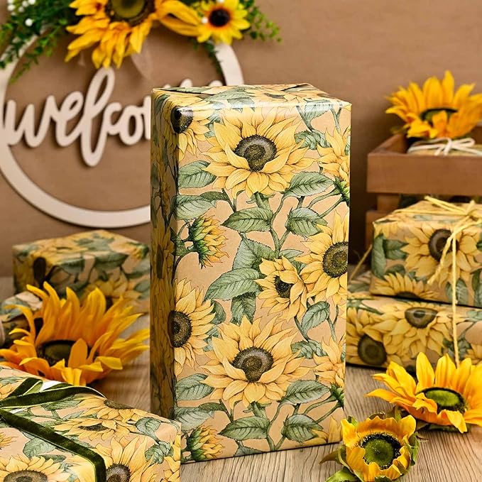 MAYPLUSS Kraft Sunflowers Gift Wrapping Paper - Vintage Elegant Sunflowers Floral Gift Wrap Paper for Women Birthday, Christmas, Baby Shower, Mothers Day, Thanksgiving, Holiday - 17 Inches X 16.5 Feet