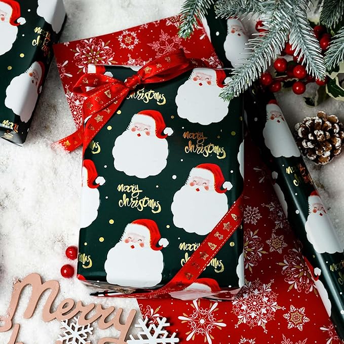 MAYPLUSS Christmas Wrapping Paper Roll - 17IN X 33FT - Green Gift Wrap Paper Featuring Santa Claus Gold Merry Christmas Reversible Snowflake for Kids, Holiday, New Year