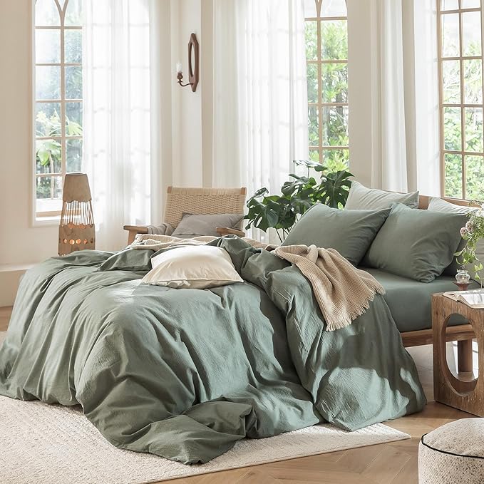 MooMee Bedding Duvet Cover Set 100% Washed Cotton Linen Like Textured Breathable Durable Soft Comfy (Heathered Green, Palatial King/Oversized King 120"x98")