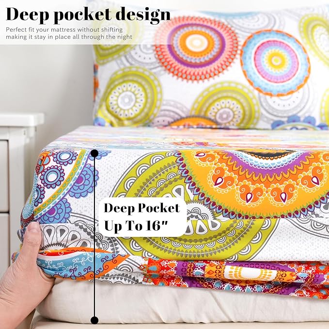 Bedlifes California King Sheet Set Ultra Soft, Breathable, Silky Flower Deep Pocket 100% Microfiber Bedding, 4 Piece Cal King Size Mandala Patterned
