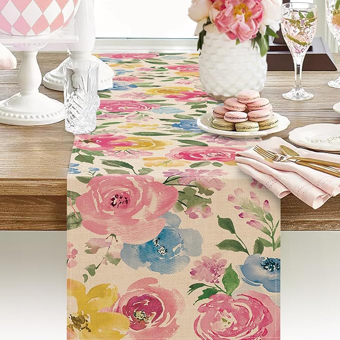 Seliem Spring Summer Watercolor Flower Table Runner, Peony Floral Kitchen Dining Table Decor, Seasonal Burlap Home Decoration Indoor Outdoor Party Supply 13 x 36 Inches