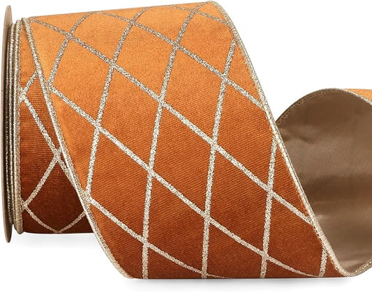 Ribbli Copper Brown Velvet Ribbon Wired with Glitter Diamond Grid 4 Inch Terracotta Christmas Ribbon for Christmas Tree Decoration Big Bow Gift Wrapping Crafts Wreaths Garland Supplies - 10 Yards