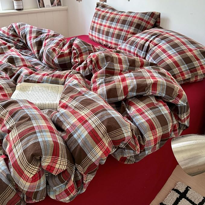 LifeTB Full Comforter Set Vintage Buffalo Plaid Comforter Set, 3 Pieces Red Brown Grid Checkered Comforter with 2 Pillowcases, Breathable Soft Farmhouse Grid Pattern Printed Plaid Gingham Bedding Set