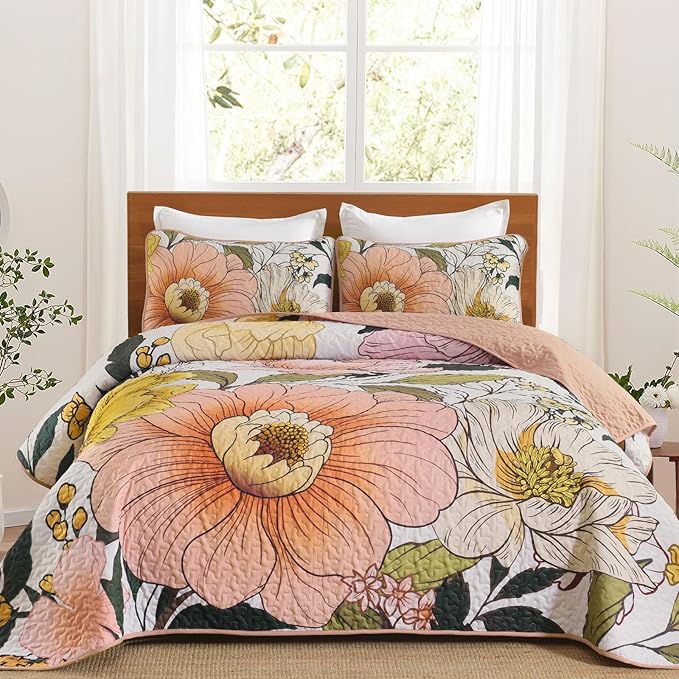 Dintszyayue Pink Quilt Set Queen,3 Pieces Floral Bedspreads Lightweight Coverlet Set for All Seasons, Reversible Quilted Printed Bedding Set with 2 Pillow Shams