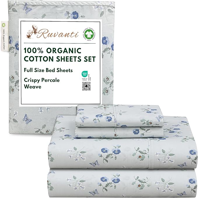 RUVANTI 100% Organic Cotton Sheets Full Size, Percale Weave, GOTS Certified, 4-Piece Set, Deep Pocket 15", Crisp & Breathable, Soft Durable Bedding, Sábanas Algodón Orgánico – Butter Flight