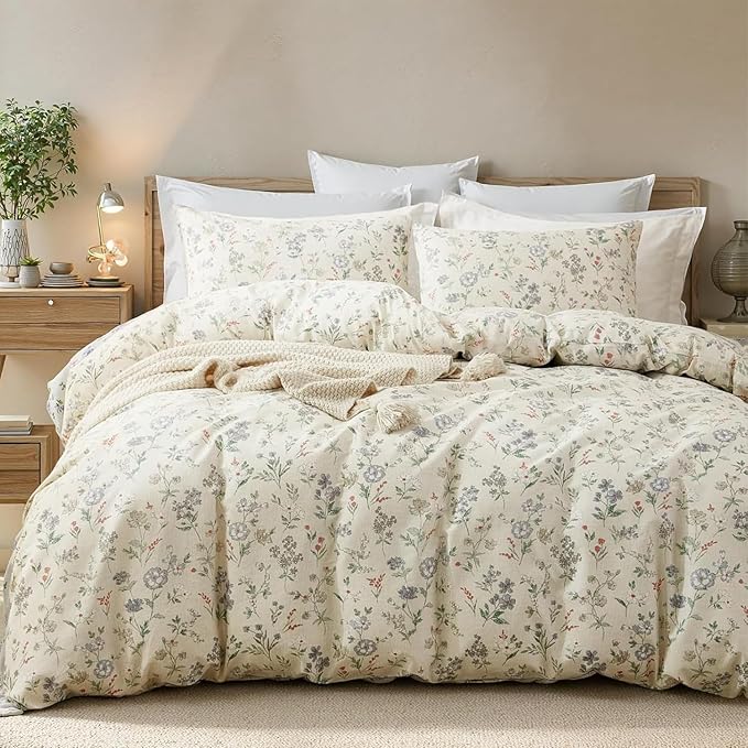 EAVD Chic Shabby Botanical Floral Duvet Cover Twin Soft Cotton Garden Floral Bedding Set with 2 Pillowcases Fresh Reversible Botanical Duvet Cover with Zipper Closure