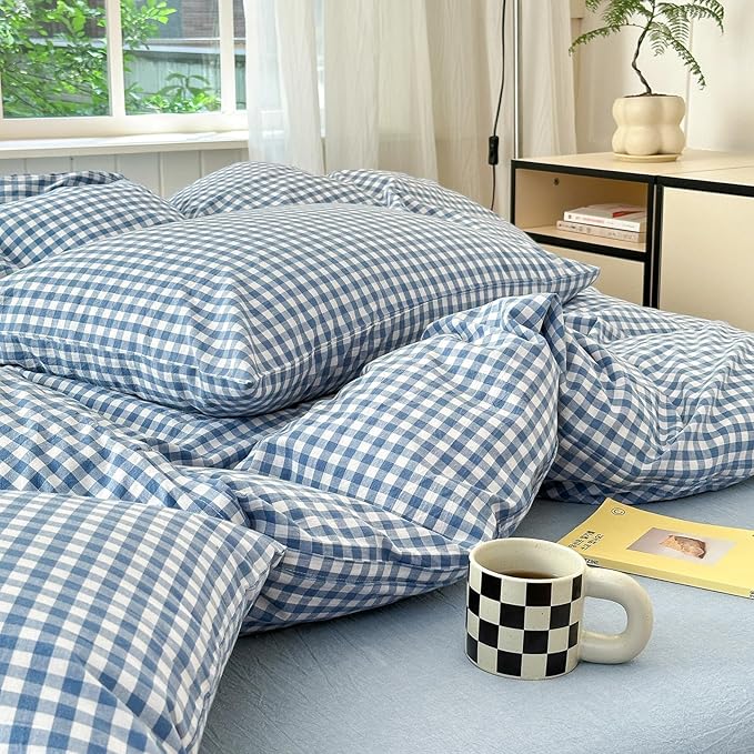 LifeTB Blue Gingham Comforter Set King 3 Pieces Modern Plaid Checkered Pattern Comforter Gingham Bedding Set Fluffy Soft Grid Plaid Bedding Comforter Farmhouse Checkered Comforter Set King Size