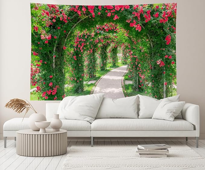 12ftx10ft Spring Flower Garden Backdrop Blossoms Flower Arch Garden Architecture Pillars Blooming Flowers Garden Road Photo Background Outdoor Wedding Portraits Photo Studio Props Wallpaper