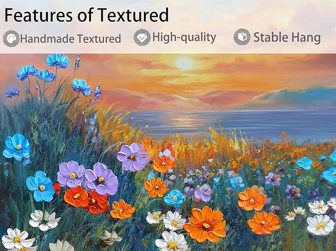 Ardemy Landscape Wall Art for Living Room Extra Large Wildflower Pictures Wall Decor Coastal Sunset Floral Canvas Textured Bedroom Flower Paintings Artwork Home Office, 40"x20"
