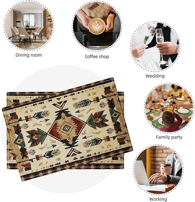 Southwestern Placemats Set of 4, Farmhouse Boho Ethnic Place Mats, Rustic Turkish Dining Table Mats, Washable Placemats for Kitchen Dining Room Home Decor 18L'' × 12W''