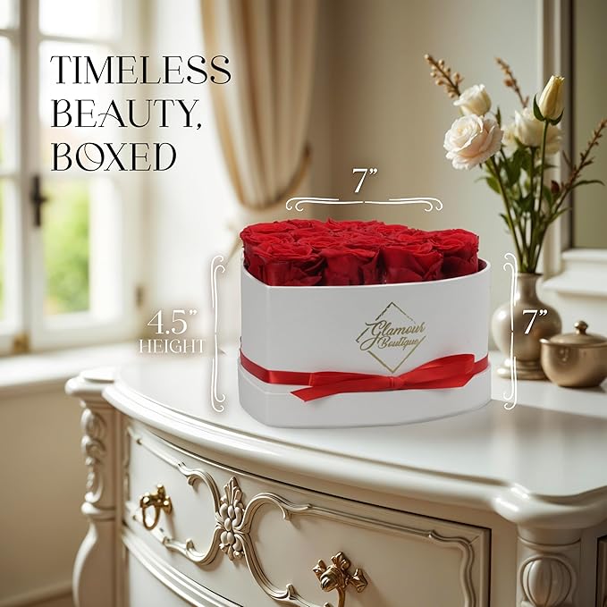GLAMOUR BOUTIQUE Preserved Roses in a Box - Gifts for Her, Wife & Mom, Rose Flowers Forever Decor for Birthday Gift, Get Well Flower Bouquet Cased in White Box with Cover - Red - 16-Piece