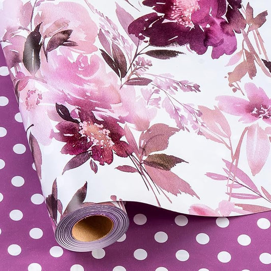 Burymento Purple flowers Wrapping Paper, Reversible Color Happy Birthday Gift Wrap for Birthday, Valentines, Mothers day, Graduation, Wedding, Fathers day, Baby Shower, Christmas (17in x 16.4ft)