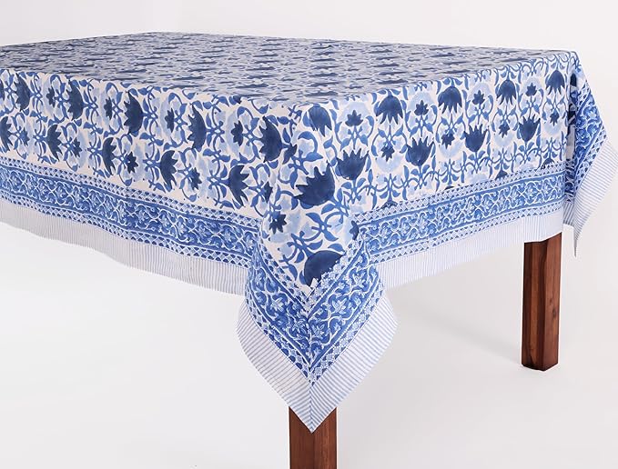 ATOSII Positano Blue 100% Cotton Square Fall Tablecloth, Handblock Floral Print Linen Table Cloth for Kitchen I Dining Table I Tabletop I Parties I Wedding I Fall Decor (60 X 60 Inches)