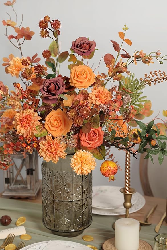 Fall Orange Artificial Flowers Combo Box Set Gradient Color Flower Leaf with Stems for DIY Wedding Bouquets Centerpieces Baby Shower Party Home Decorations