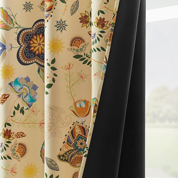 XiDi Beige Vintage Floral Curtains Boho Blackout Curtains Patterned 84 Inches Long 2 Panels for Bedroom Living Room Thermal Insulated Grommet Luxury Colorful Botanical Flower Leaf Printed Drapes 52x84