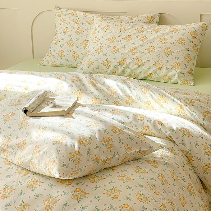 EAVD Chic Shabby Small Yellow Floral Duvet Cover Queen Soft 100% Cotton Garden Floral Bedding Set with 2 Pillowcases Reversible Floral Cottagecore Bedding Set with Zipper Closure