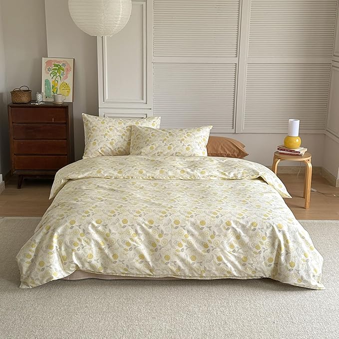 AOJIM Kids Adults Aesthetic Duvet Cover Set for Room Decor, Pure Cotton Comforter Cover Set 3pcs with Yellow Lemon Pattern, 1 Soft Quilt Cover Queen Size and 2 Matching Pillowcases, No Comforter
