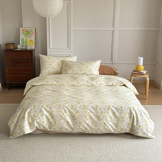 AOJIM Yellow Lemon Pattern Duvet Cover Set for Kids Adults, Super Soft Pure Cotton Comforter Cover Set 3pcs, 1 Cute Comfy Quilt Cover Twin Size and 2 Matching Pillowcases for Room Decor, No Comforter