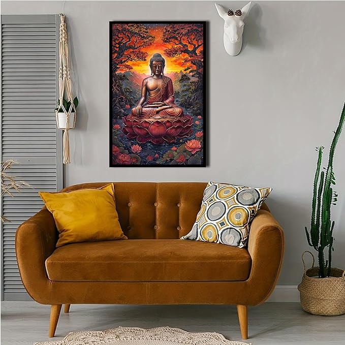 Golden Buddha on lotus seat serene meditation statue amidst lush trees flowing water and sunrise light spiritual home art for a tranquil decor 12x18in Metal blackFramed