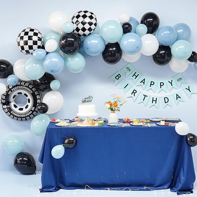 127 PCS Racecar Birthday Decorations – F1 Birthday Decorations Includes Race Car Balloon Arch Kit, Pump, Cake Topper, Paper Plates, Napkins, Forks, and Banner, for Boys & Men, Serves 20