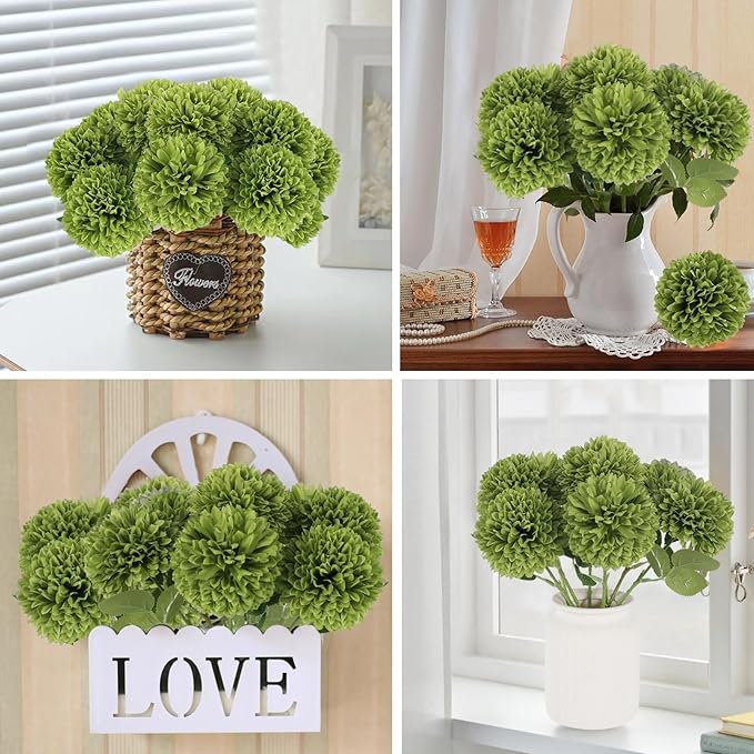 Hananona 12 Pcs Artificial Chrysanthemums Flowers Ball Flower, Fake Mums Flowers Green Silk Flowers for Home Decor Indoor Floral Arrangement St Patricks Day Table Centerpiece (12, Green)