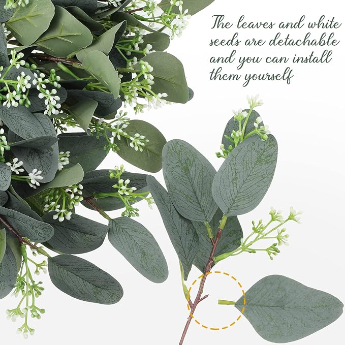 Janinka 100 Pcs Mixed Eucalyptus Leaves Stems Bulk Artificial Eucalyptus Leaves with White Seeds Artificial Silver Dollar Sprays Faux Oval for Floral Wreath Bouquets Wedding Greenery Decoration