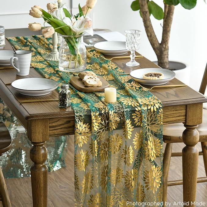 Artoid Mode 3PCS Green Gold Dahlia Flower Gauze Table Runner 120 Inch 10FT, Glitter Metallic Foil Seasonal Sheer Dining Holiday Table Decor for Home Party