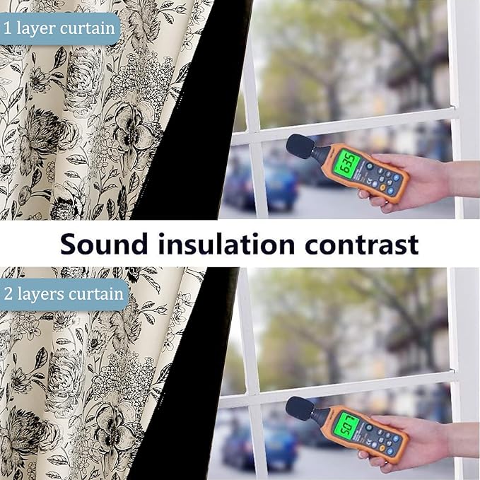 100% Blackout Black Floral Farmhouse Curtains Living Room Thermal Insulated Drapes Elegant Peony Pattern & Tassel Curtains 2 Panels Blocking Curtains for Windows Floral Drapes (52W*63L)