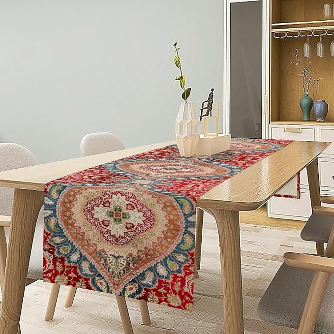 Vintage Persian Table Runner, Boho Traditional Red Ornate Floral Print Table Runner for Kitchen Dining Festive Holiday Party Decor, 13x120 Inch