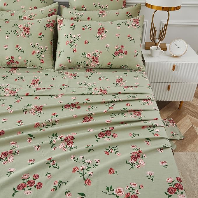 FADFAY Cal King Size Sheet Set 100% Cotton Sage Green Bed Sheets, French Country Red Rose Floral Pattern, Soft Cool Luxury Bedding, Shabby Vintage Style, 4 Pieces Deep Pocket Fitted Sheet