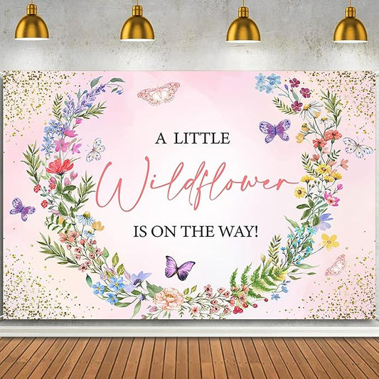 Sensfun Wildflower BabyShower Decorations,A Little Wildflower is On Way Baby Shower Backdrop Banner,Pink Wild Flowers Floral Theme Background for Girls Baby Shower Party Decor Photo Booth Props 8x6ft