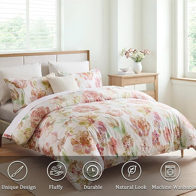 100% Cotton Duvet Cover Set Queen Size – Pink Watercolor Floral Bedding with Zipper Closure, 3-Piece Silky Soft Botanical Comforter Cover with 2 Pillowcases